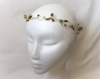 Gold and grey wedding crown, for the alternative bride, bridal circlet with rhinestones and beads, wedding halo headpiece, prom headdress