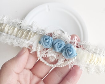 Vintage wedding garter, cream vintage-style lace, Something Blue roses and a strand of pearl beads, bridal lingerie, bride to be gift