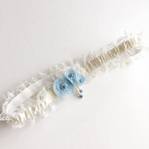 Brides wedding garter UK, with Something Blue fabric flowers, bridal lingerie, undergarment gift for bride to be, lace garter, prom garter image 3