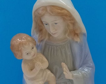 Mid Century Glazed Ceramic Madonna And Child Statue, Vintage Religious Decor, Virgin Mary And Baby Jesus Statue
