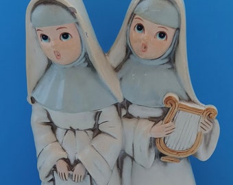 Mid Century Hard Plastic Singing Nuns Music Box By Josef Originals, Vintage Religious Music Box Singing Nuns.