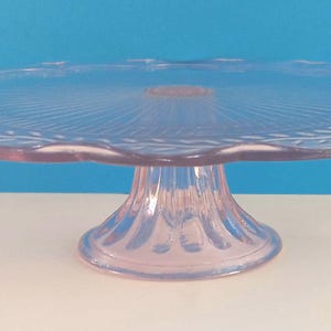 Mid Century Pink Depression Glass Pedestal Cake Stand, Mid Century Glass Cake Serving Plate, Collectible Depression Glass.