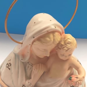 Mid Century Ceramic Madonna And Child Statue Made In Italy Riproduzione Vietata, Vintage Virgin Mary Statue.