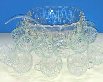 Mid Century  Glass Punch Bowl With Thirteen Gkass Cups, Plastic Ladle And Twelve Cup Hooks, Vintage Glass Punch Bowl.