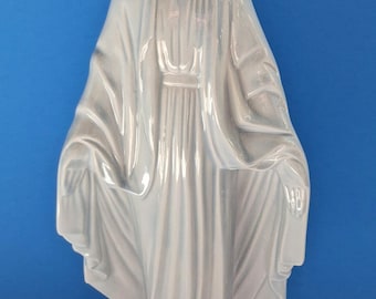 Vintage White Porcelain Virgin Mary Statue, Vintage Glazed Ceramic Madonna.