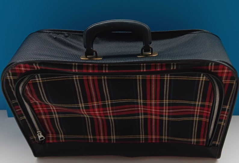 Vintage Soft Shell Red Tartan Plaid Suitcase, Retro 1960s Plaid Luggage. image 2
