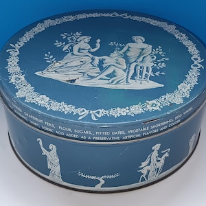 Vintage Blue And White Fruitcake Tin Box With Roman Statues Design,  Vintage Decorative Tin Storage Container.