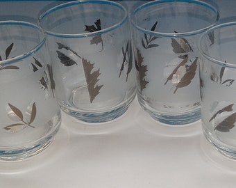 Set Of Four Mid Century Frosted Silver Leaf Lowball Glasses, Vintage Lowball Glasses, Retro Drink Glass Set.