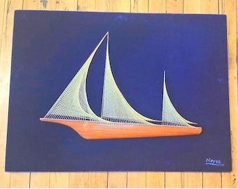 Large Vintage String Art Sailboat Wall Hanging On Dark Blue Velvet Background, Mid Century String Art.