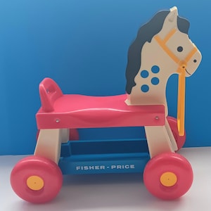 Vintage 1976 Fischer-Preis Kunststoff Rutschtier Nachziehspielzeug, Sammlerstück Fischer-Price Kleinkind-Pferdezieh-Spielzeug # 978