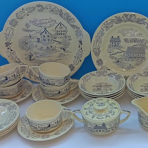 Set Of Twenty Four Pieces Vintage Bucks County By Royal Sebring China, Mid Century Bucks County Platter, Saucers, Teacups, Bowls, Creamer.