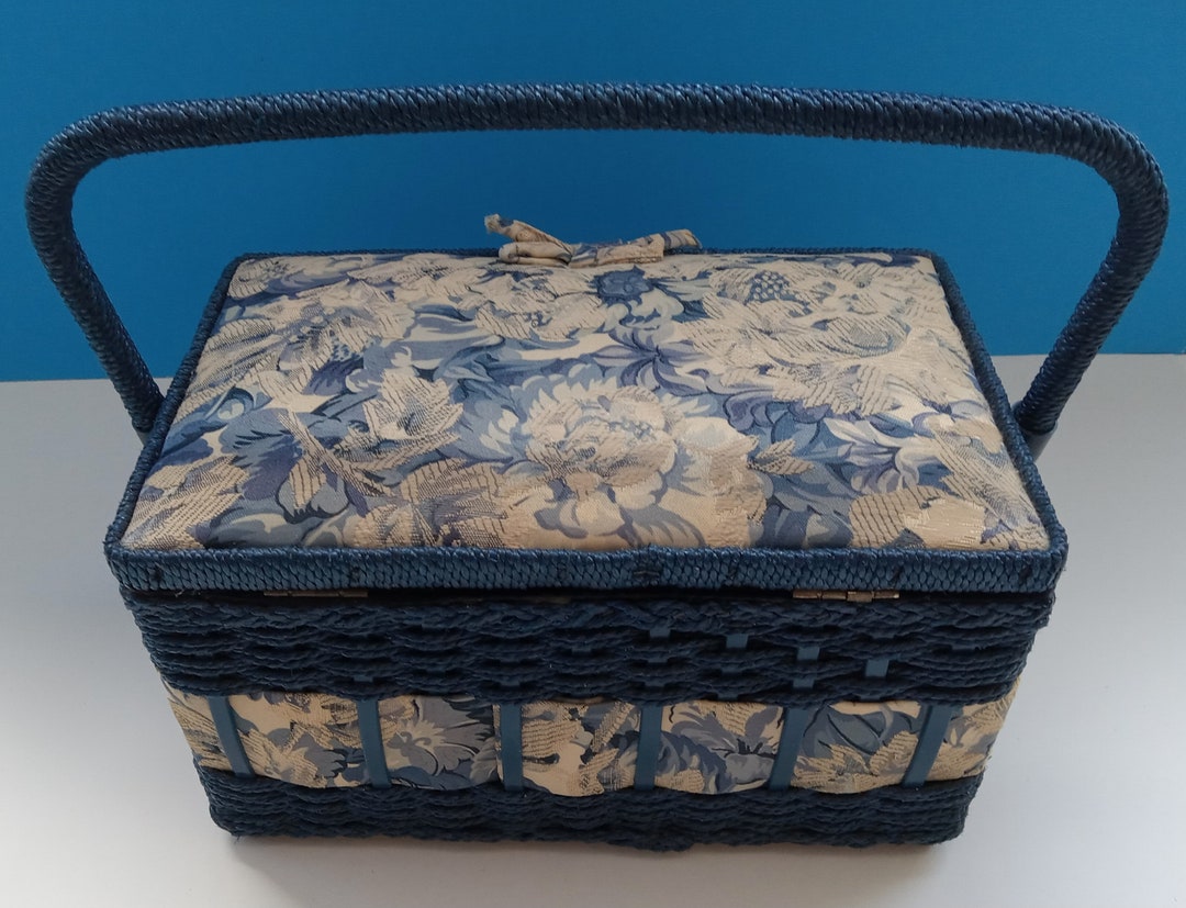 Vintage Sewing Basket/box With Quilted Fabric Top, Plastic Twine