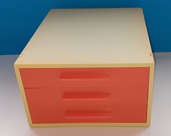 Mid Century Plastic Three Drawer Modular Desk Organizer, Vintage Orange/Cream Desk Storage Unit With Three Drawers.