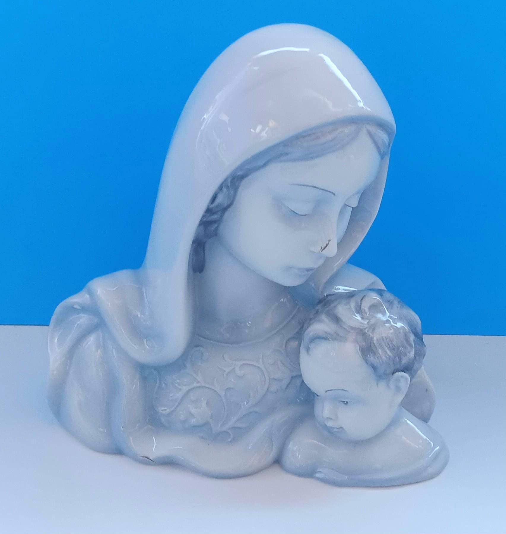 聖母マリア像 陶器イタリア製 青と白 約34cm ミッドセンチュリーの白/青の磁器の聖母子像、イタリア製のビンテージ