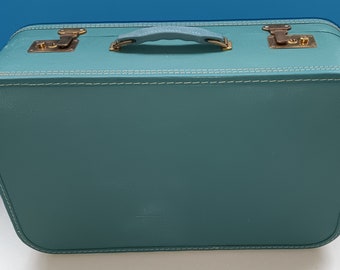 Ancienne petite valise de voyage bleue vintage rigide petit rangement  vetements