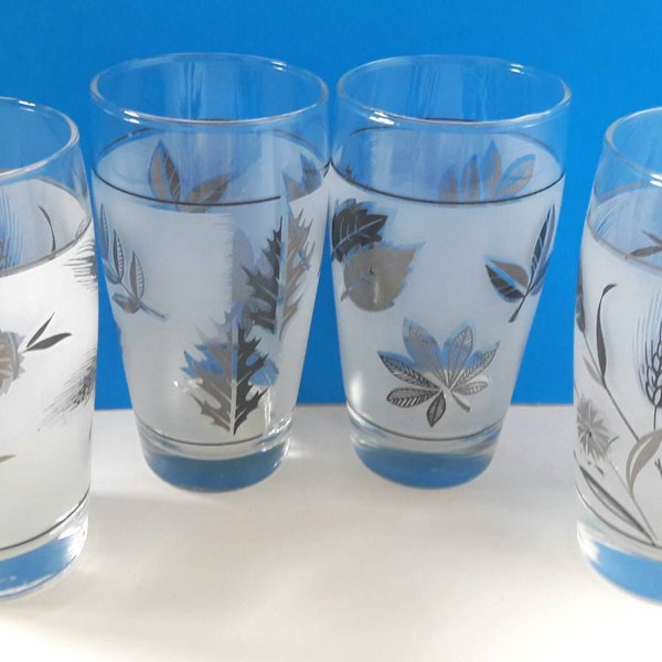 Set Of Four Mid Century Libbey Frosted Silver Leaf Design Glasses, Man Cave Glassware, Vintage Mad Men Style Glass Set, 10 Ounce Glasses.