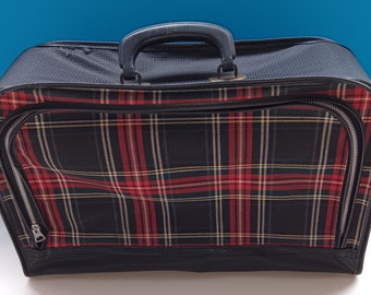 Vintage Soft Shell Red Tartan Plaid Suitcase, Retro 1960s Plaid Luggage.