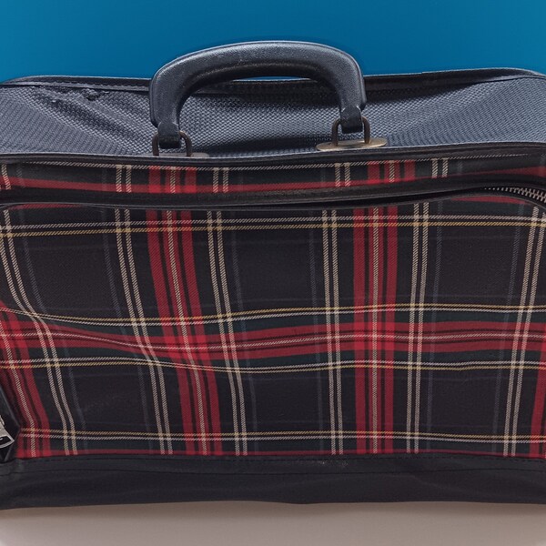 Vintage Soft Shell Red Tartan Plaid Suitcase, Retro 1960s Plaid Luggage.