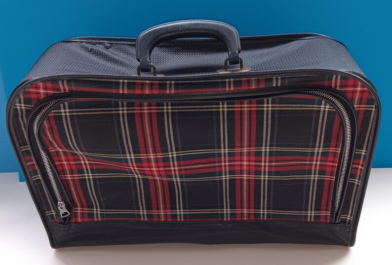 Vintage Soft Shell Red Tartan Plaid Suitcase, Retro 1960s Plaid Luggage. image 1