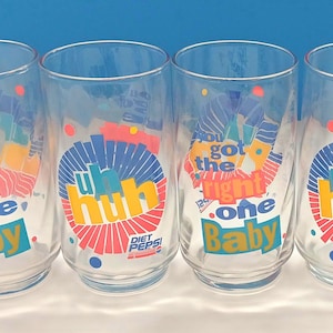 Set Of Four Vintage 1990s Diet Pepsi "Uh Huh You Got The Right One Baby" Drink Glasses, Collectible Vintage Diet Pepsi Glasses.