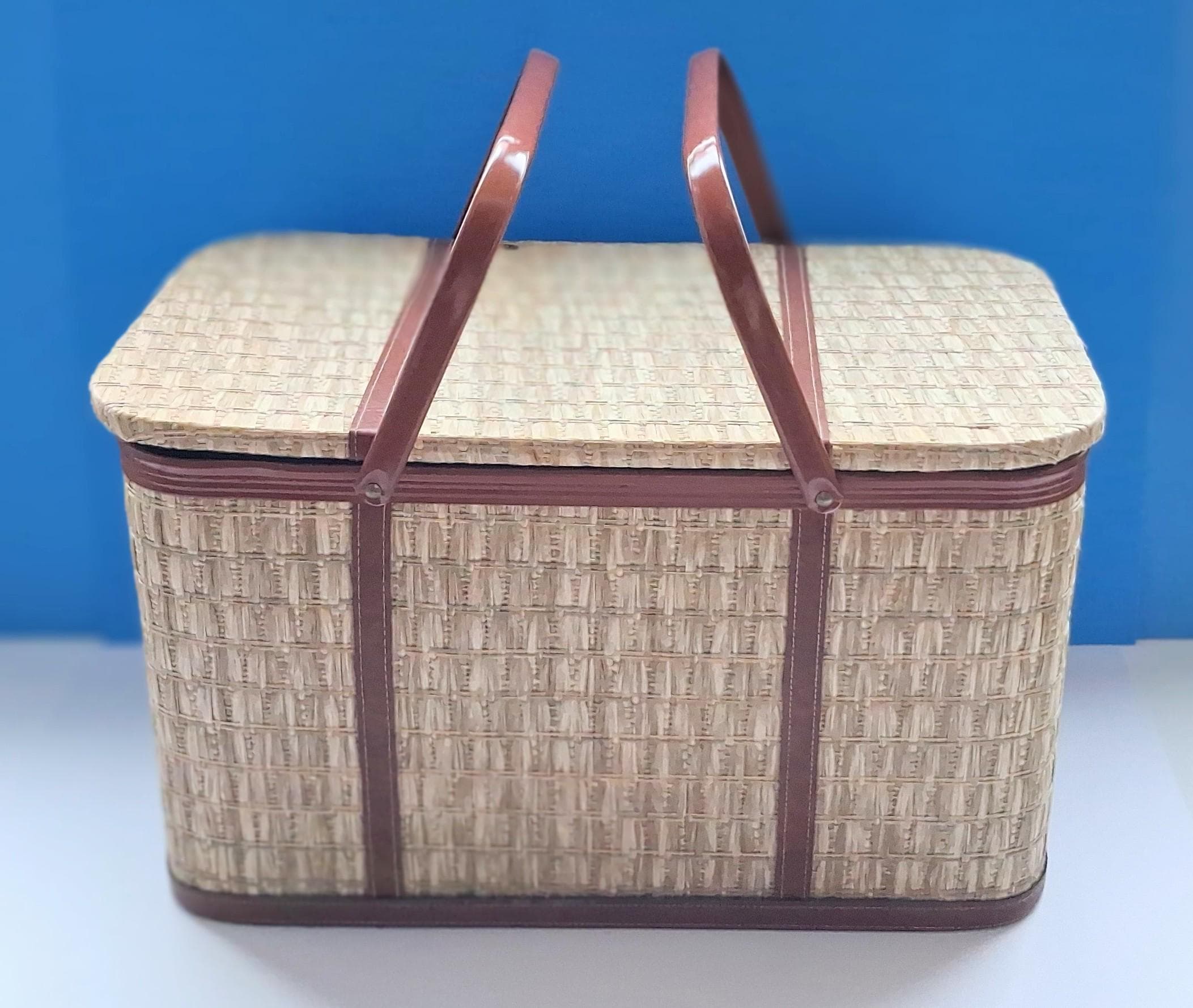 Vintage Redmon Woven Picnic Basket, Metal Handles, Red Gingham