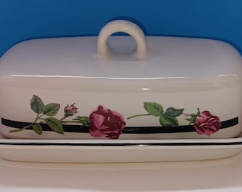 Mantequera vintage de cerámica Tienshan: diseño de rosa roja