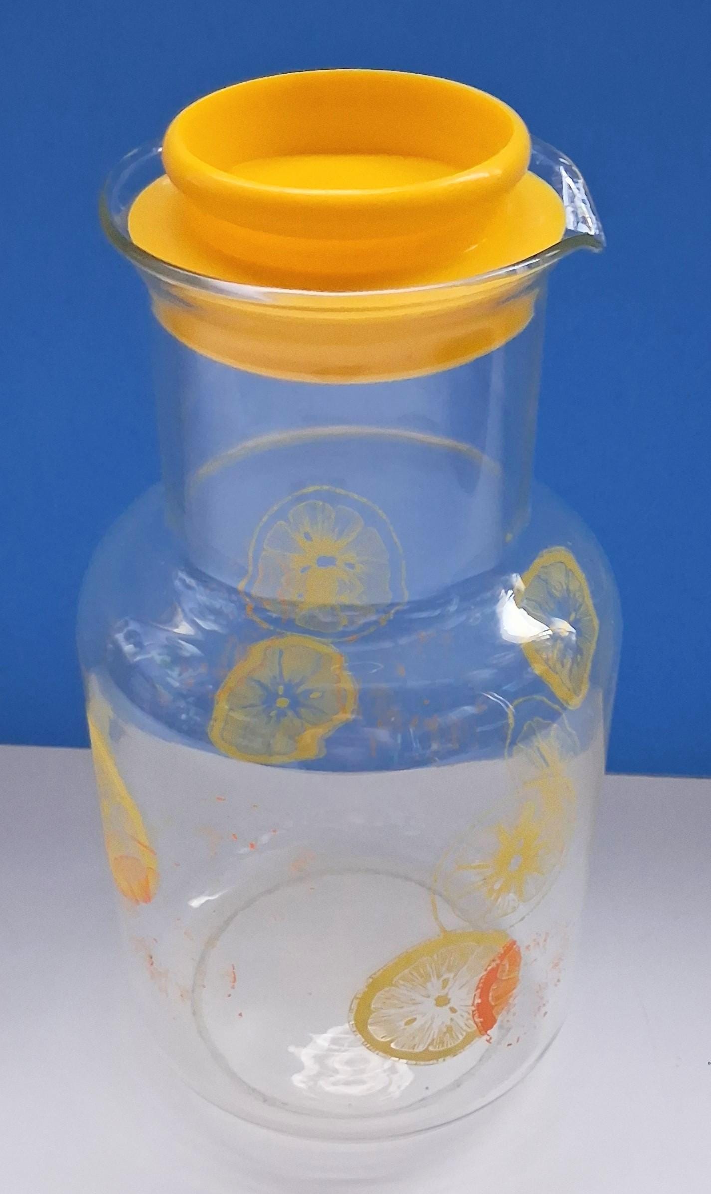 Vintage 1970s Pyrex Glass Juice Carafe, Retro Citrus Print Pitcher