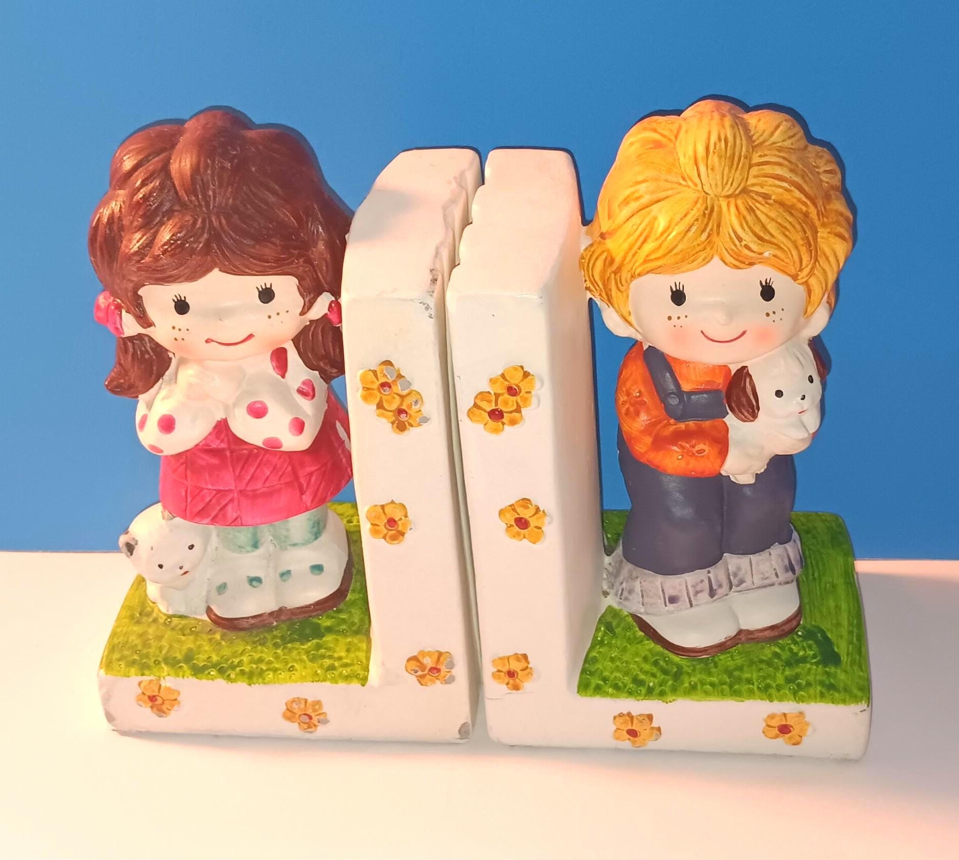 Vintage 1977 Little Boy & Girl Ceramic Bookends By Gentle Treasures, Retro Treasures Bookends