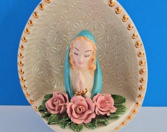 Vintage Porcelain Virgin Mary Prayer Shrine, Ceramic Madonna Egg Shrine