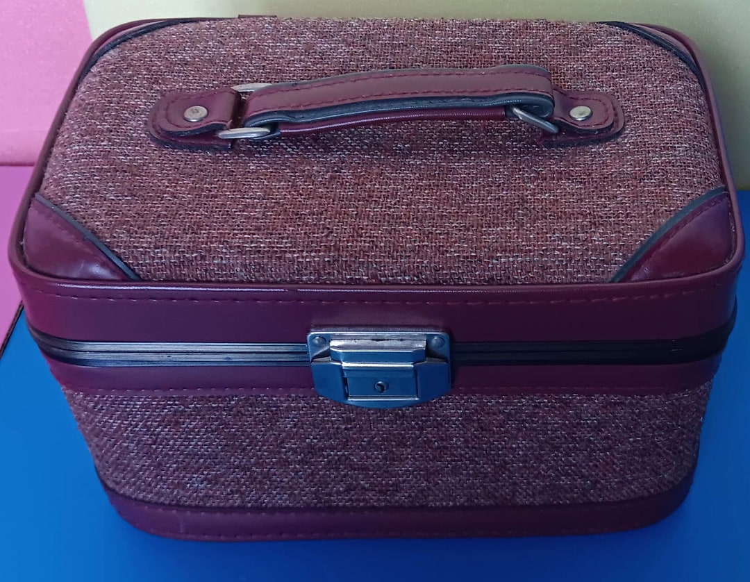 Vintage Tweed/faux Leather Train Case/makeup Case, Retro Train Case