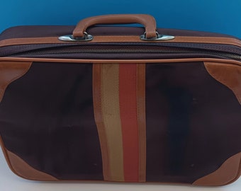 Mid Century Vinyl/Faux Leather Overnight Bag Made In Taiwan R.O.C., Vintage Striped Suitcase.