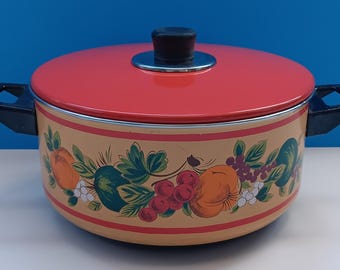 Vintage Enamelware Dutch Oven: Retro Fruit Design