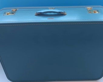 Mid Century Atom Lite Blue Hard Shell Suitcase With Two Keys, Vintage Luggage, Mid Century Travel Suitcase.