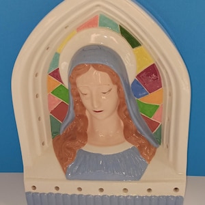 Vintage Glazed Ceramic Virgin Mary Shrine, Madonna Prayer Shrine Vintage.