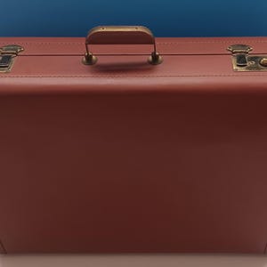 Mid Century Hard Shell Suitcase With Three Metal Hangers, Retro Vintage Luggage.