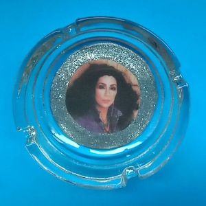 Handmade Cher Glass Ashtray, Cher, Smoke Accessory, Retro Music Ashtray, Cher Ashtray, Music Icon, Rock Star, Made By Mod. image 1