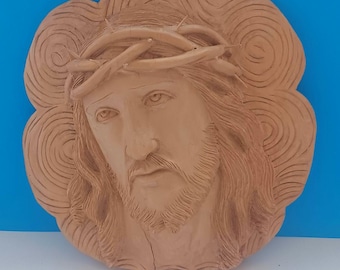 Enfeite de parede vintage em madeira esculpida com o rosto de Jesus, arte religiosa vintage para parede.