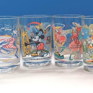 Assorted Set Of Six Vintage McDonald&#39;s Disney 100 Years Of Magic Drink Glasses, Collectible Vintage Disney Character Glasses, Bambi, Goofy.