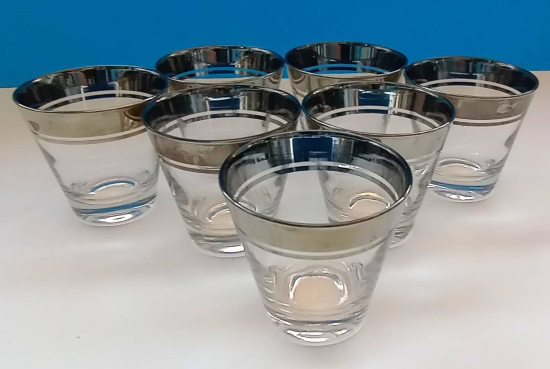 Set of Seven Vintage Lowball Glasses With Silver Rim, Retro Rock