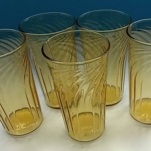 Set Of Five Mid Century Amber Highball Glasses, Vintage Yellow Glass Set, Set Of Five Eleven Ounce Drink Glasses, Vintage Amber Tumblers.