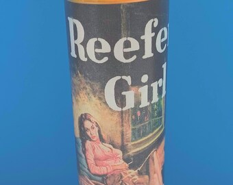 Vela en recipiente de vidrio "Reefer Girl" de novela pulp vintage hecha a mano, vela de marihuana fabricada por Mod.