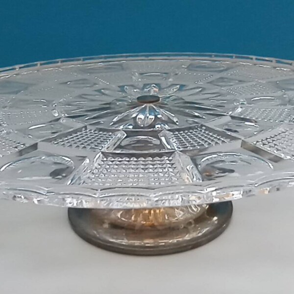 Vintage Crystal Glass Cake Stand With Pewter Base,  Retro Glass Cake Stand, Mid Century Glass Pedestal Cake Stand.