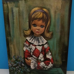 Vintage &quot;Pierette&quot; Lithograph: Mid-Century Big Eye Harlequin Girl Art by Eden
