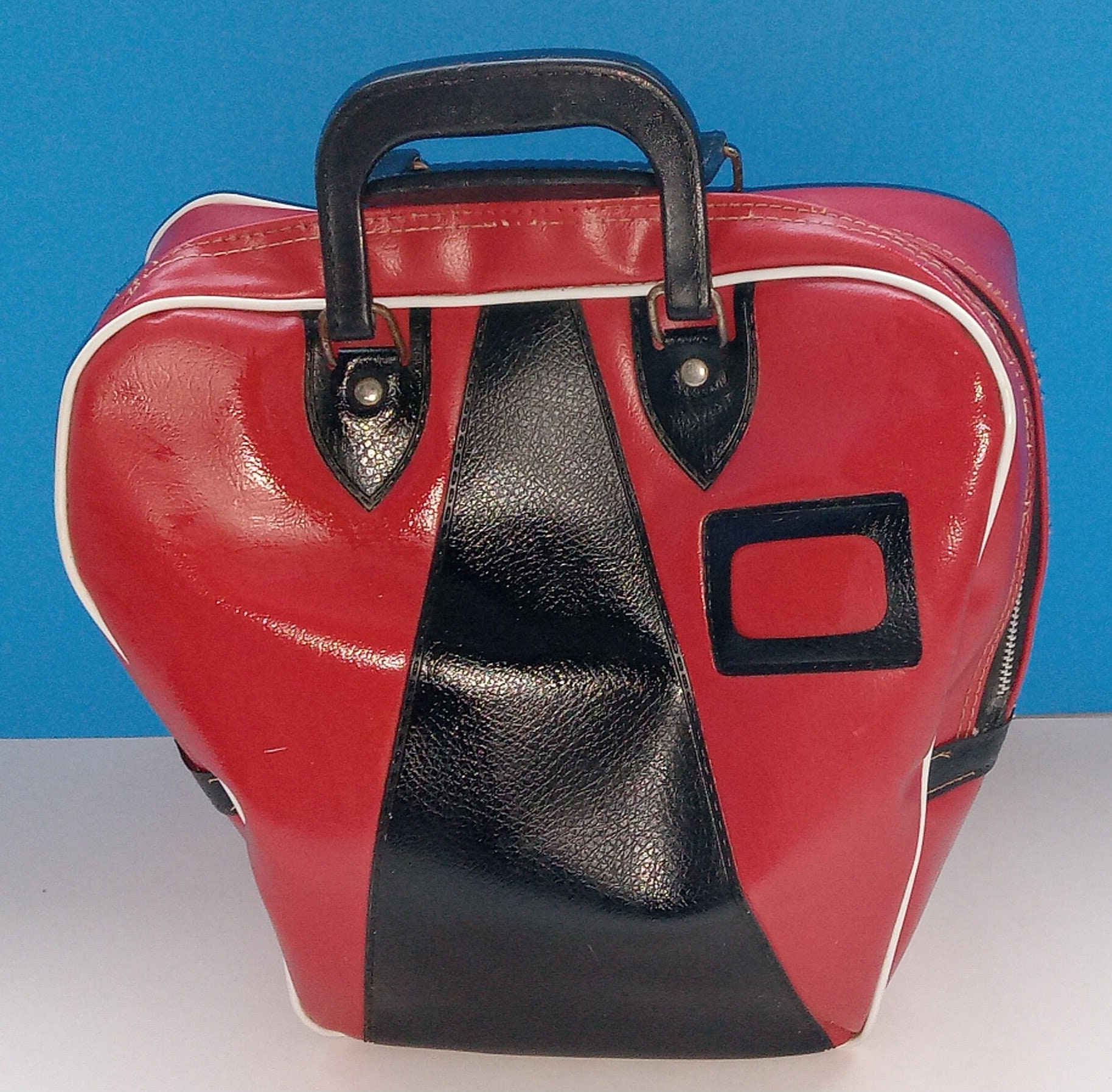 Vintage Red/Black Faux Leather Bowling Bag, Retro 1970s Bowling Ball Bag.