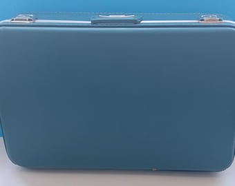 Large Mid Century Blue Suitcase, Vintage Travel Bag Blue, Vintage Retro Suitcase.