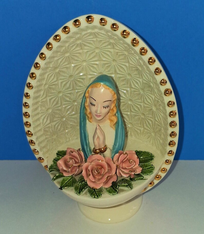 Santuario di preghiera vintage in porcellana della Vergine Maria, santuario a forma di uovo in ceramica della Madonna immagine 4