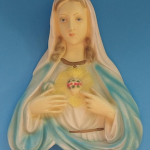Mid Century Chalkware Sacred Heart Of Mary Wall Hanging, Vintage Religious Wall Hanging, Retro Virgin Mary Wall Art.