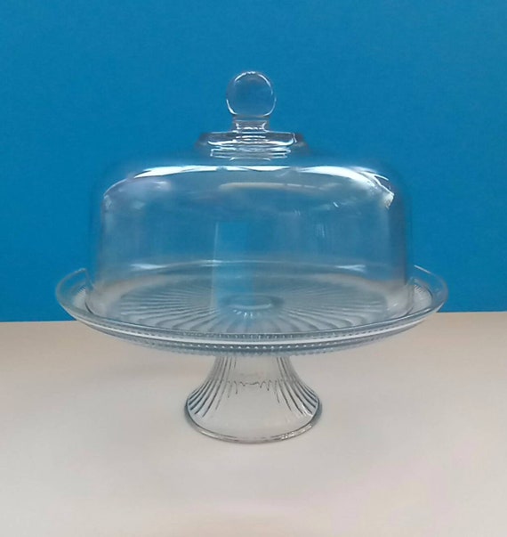 Mid Century Glass Cake Stand With Dome Heavy Glass Cake Stand Etsy