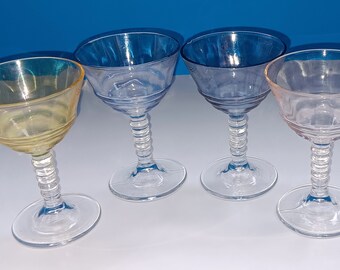 Set Of Four Vintage Pastel Martini Glasses, Retro Two Ounce Martini Glasses, Two Blue, One Yellow, One Pink Glass In Set.