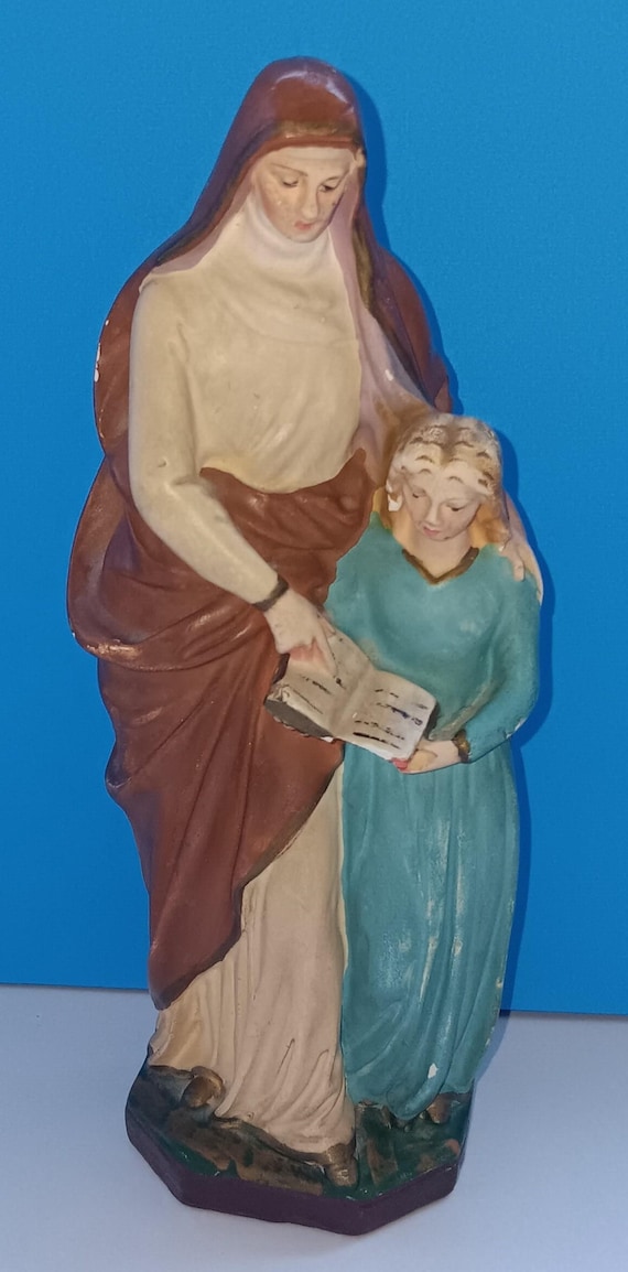Mid Century Chalkware Saint Anne Religious Statue, Vintage Ceramic Statue Saint Anne.